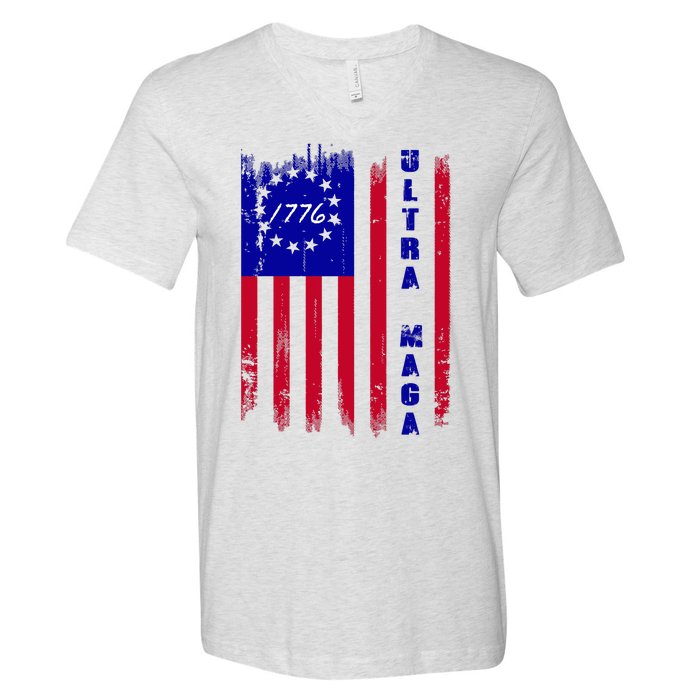 Ultra MAGA Betsy Ross USA Flag Trump 2024 Anti Biden V-Neck T-Shirt