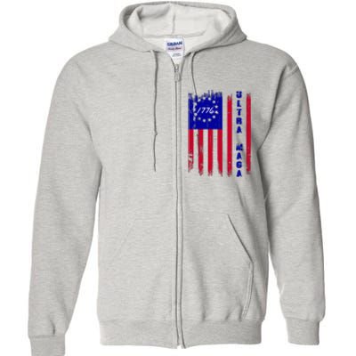 Ultra MAGA Betsy Ross USA Flag Trump 2024 Anti Biden Full Zip Hoodie