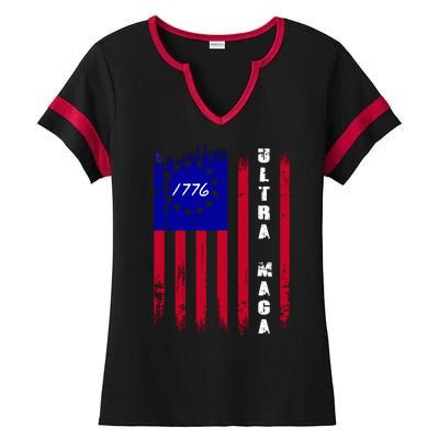 Ultra MAGA Betsy Ross USA Flag Trump 2024 Anti Biden Ladies Halftime Notch Neck Tee