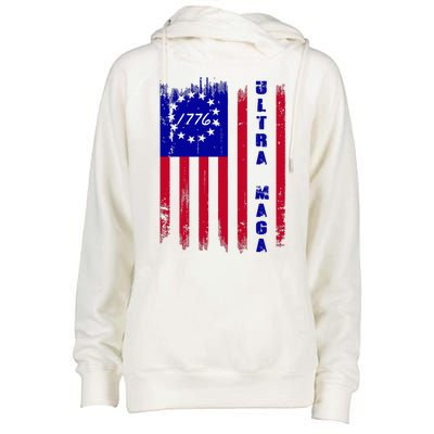 Ultra MAGA Betsy Ross USA Flag Trump 2024 Anti Biden Womens Funnel Neck Pullover Hood