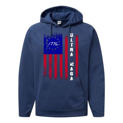 Ultra MAGA Betsy Ross USA Flag Trump 2024 Anti Biden Performance Fleece Hoodie