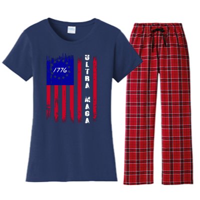 Ultra MAGA Betsy Ross USA Flag Trump 2024 Anti Biden Women's Flannel Pajama Set