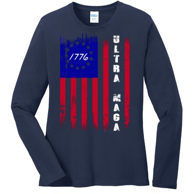 Ultra MAGA Betsy Ross USA Flag Trump 2024 Anti Biden Ladies Long Sleeve Shirt