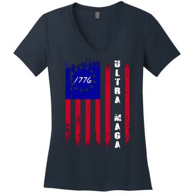 Ultra MAGA Betsy Ross USA Flag Trump 2024 Anti Biden Women's V-Neck T-Shirt