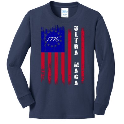 Ultra MAGA Betsy Ross USA Flag Trump 2024 Anti Biden Kids Long Sleeve Shirt