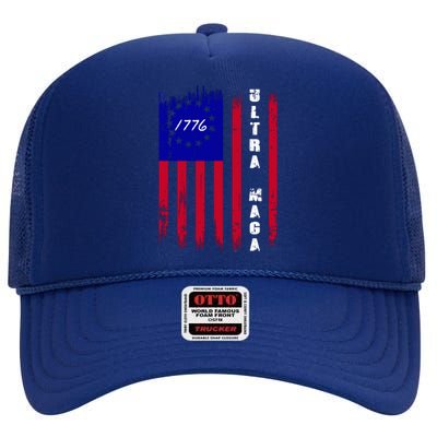 Ultra MAGA Betsy Ross USA Flag Trump 2024 Anti Biden High Crown Mesh Back Trucker Hat