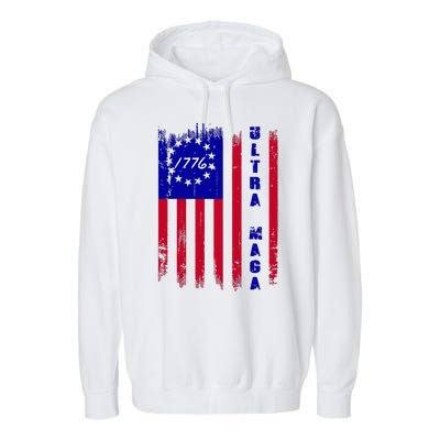 Ultra MAGA Betsy Ross USA Flag Trump 2024 Anti Biden Garment-Dyed Fleece Hoodie