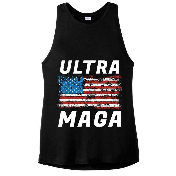 Ultra MAGA Bold United States Of America USA Flag Ladies PosiCharge Tri-Blend Wicking Tank