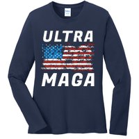 Ultra MAGA Bold United States Of America USA Flag Ladies Long Sleeve Shirt