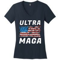 Ultra MAGA Bold United States Of America USA Flag Women's V-Neck T-Shirt