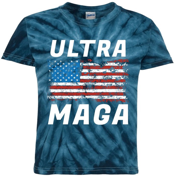 Ultra MAGA Bold United States Of America USA Flag Kids Tie-Dye T-Shirt