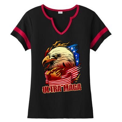 Ultra MAGA Bald Eagle Anti Biden Trump 2024 USA America Ladies Halftime Notch Neck Tee