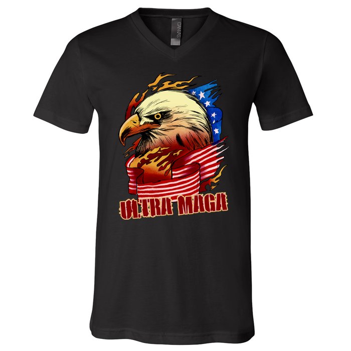 Ultra MAGA Bald Eagle Anti Biden Trump 2024 USA America V-Neck T-Shirt