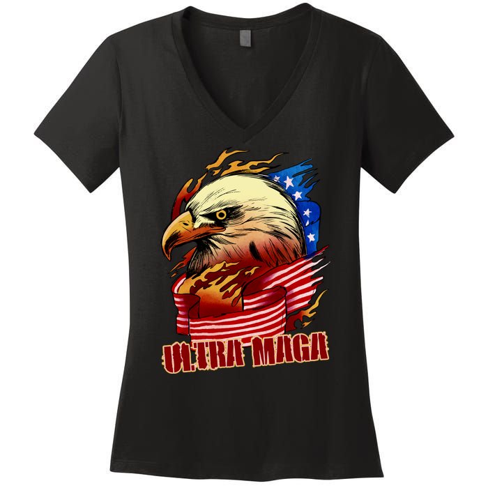 Ultra MAGA Bald Eagle Anti Biden Trump 2024 USA America Women's V-Neck T-Shirt