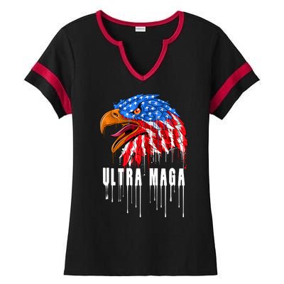 Ultra MAGA Bald Eagle Bloody Splatter Trump 2024 Anti Biden Ladies Halftime Notch Neck Tee