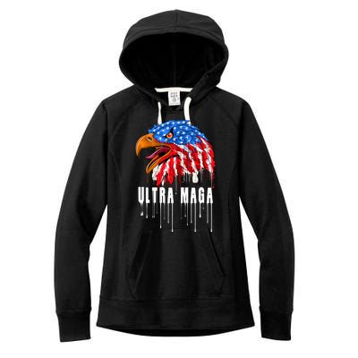 Ultra MAGA Bald Eagle Bloody Splatter Trump 2024 Anti Biden Women's Fleece Hoodie