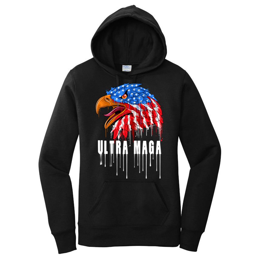 Ultra MAGA Bald Eagle Bloody Splatter Trump 2024 Anti Biden Women's Pullover Hoodie