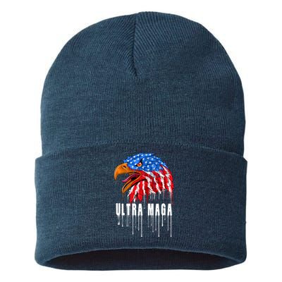 Ultra MAGA Bald Eagle Bloody Splatter Trump 2024 Anti Biden Sustainable Knit Beanie