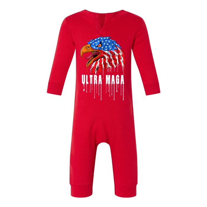 Ultra MAGA Bald Eagle Bloody Splatter Trump 2024 Anti Biden Infant Fleece One Piece