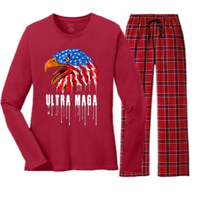 Ultra MAGA Bald Eagle Bloody Splatter Trump 2024 Anti Biden Women's Long Sleeve Flannel Pajama Set 