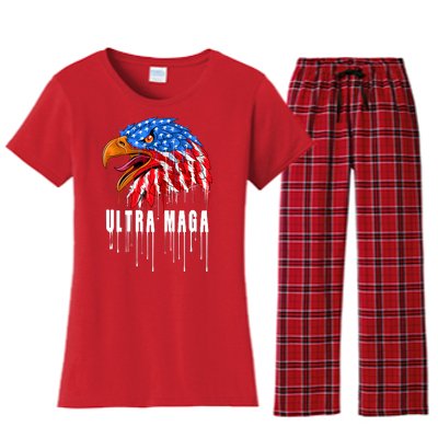 Ultra MAGA Bald Eagle Bloody Splatter Trump 2024 Anti Biden Women's Flannel Pajama Set