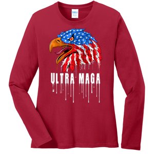 Ultra MAGA Bald Eagle Bloody Splatter Trump 2024 Anti Biden Ladies Long Sleeve Shirt