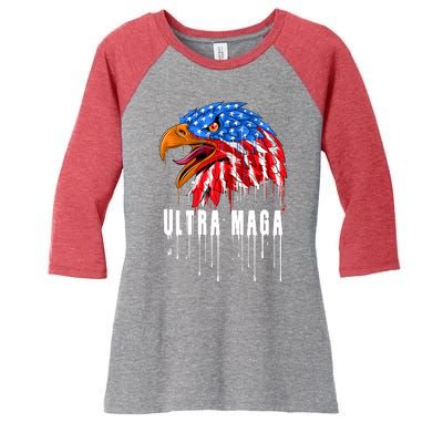 Ultra MAGA Bald Eagle Bloody Splatter Trump 2024 Anti Biden Women's Tri-Blend 3/4-Sleeve Raglan Shirt