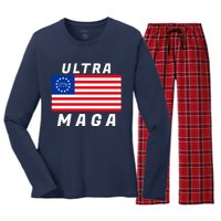 Ultra MAGA Betsy Ross 1776 Flag Trump 2024 Anti Biden Women's Long Sleeve Flannel Pajama Set 