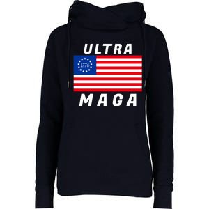 Ultra MAGA Betsy Ross 1776 Flag Trump 2024 Anti Biden Womens Funnel Neck Pullover Hood