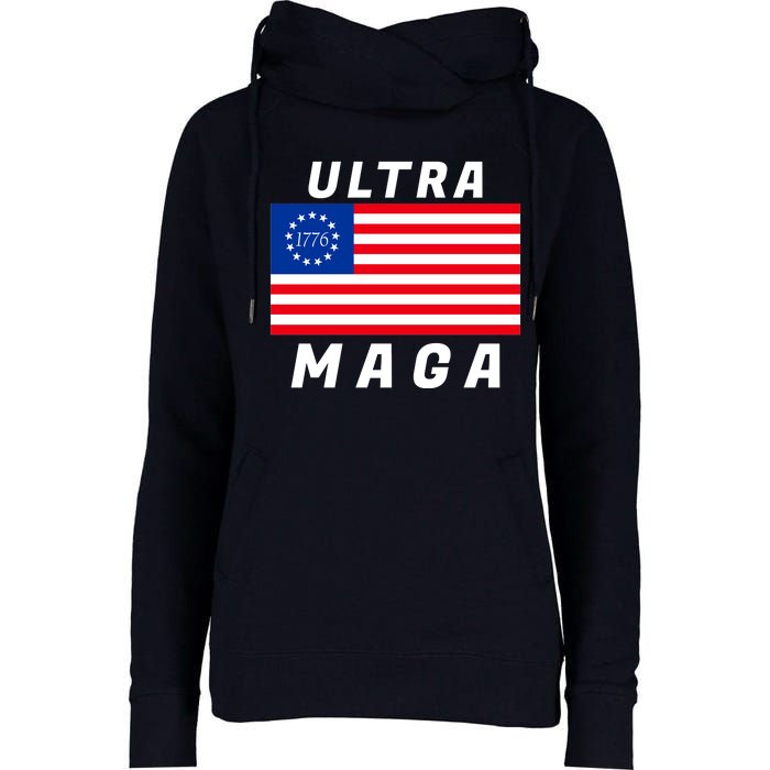 Ultra MAGA Betsy Ross 1776 Flag Trump 2024 Anti Biden Womens Funnel Neck Pullover Hood