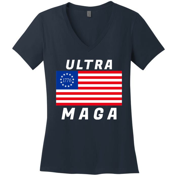 Ultra MAGA Betsy Ross 1776 Flag Trump 2024 Anti Biden Women's V-Neck T-Shirt