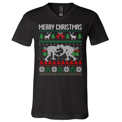 Ugly Merry Christmas Wrestling Wrestler Santa Xmas Costume V-Neck T-Shirt