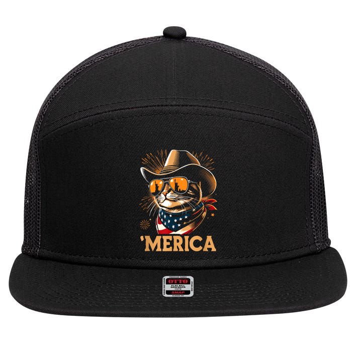Usa Merica Cat 4th Of July Funny Patriotic 7 Panel Mesh Trucker Snapback Hat