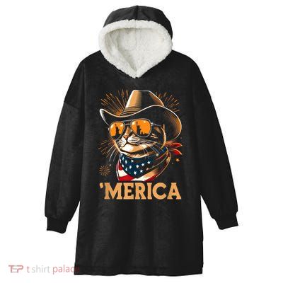 Usa Merica Cat 4th Of July Funny Patriotic Hooded Wearable Blanket