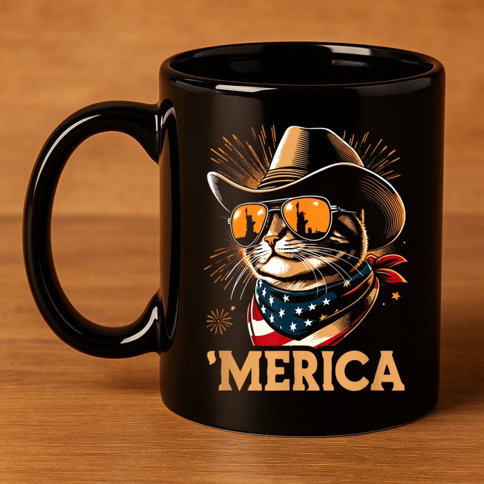 Usa Merica Cat 4th Of July Funny Patriotic 11oz C Handle Ceramic Mug