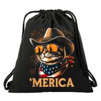 Usa Merica Cat 4th Of July Funny Patriotic Drawstring Bag