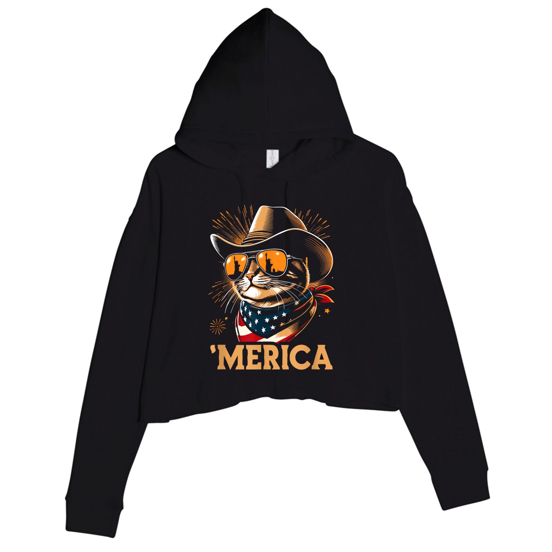 Usa Merica Cat 4th Of July Funny Patriotic Crop Fleece Hoodie