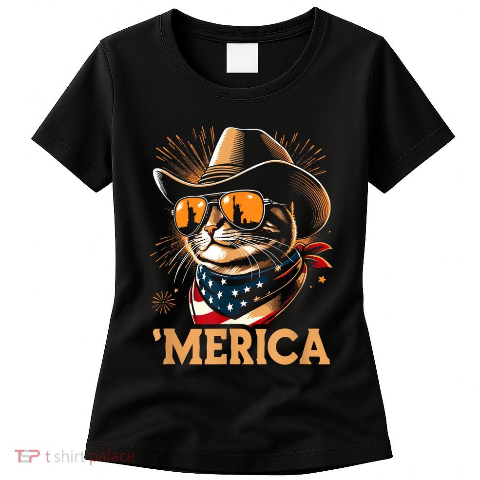 Usa Merica Cat 4th Of July Funny Patriotic Womens T-Shirt