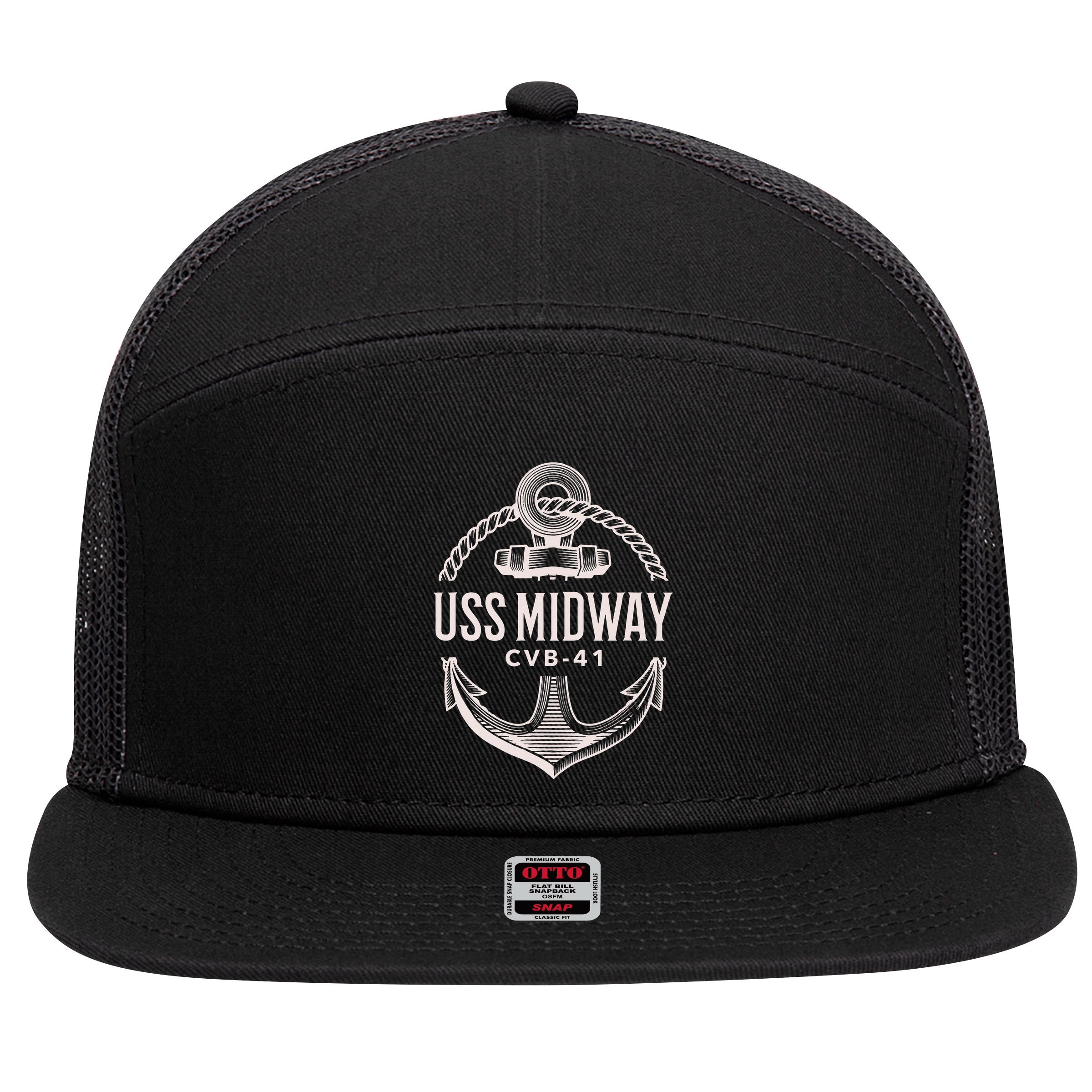 Uss Midway Cvb41 Aircraft Carrier Uss Midway 7 Panel Mesh Trucker Snapback Hat