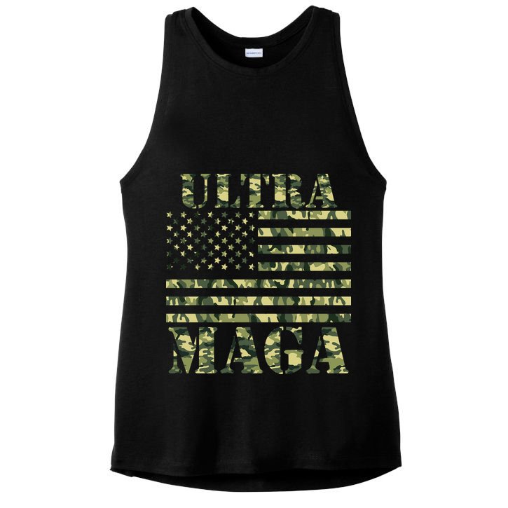 Ultra MAGA Camouflage Camo USA United States Of America Flag Ladies PosiCharge Tri-Blend Wicking Tank