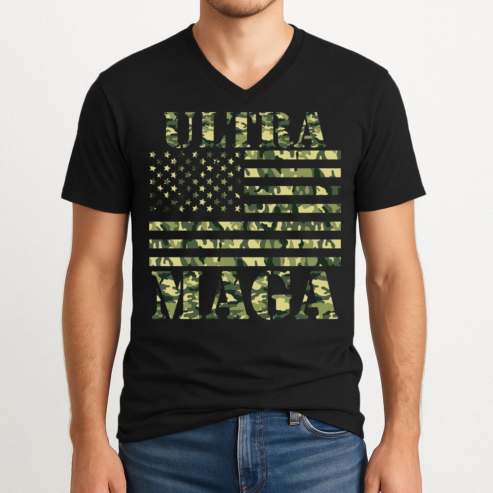 Ultra MAGA Camouflage Camo USA United States Of America Flag V-Neck T-Shirt