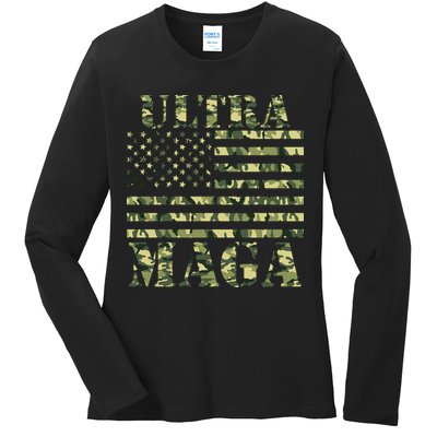 Ultra MAGA Camouflage Camo USA United States Of America Flag Ladies Long Sleeve Shirt