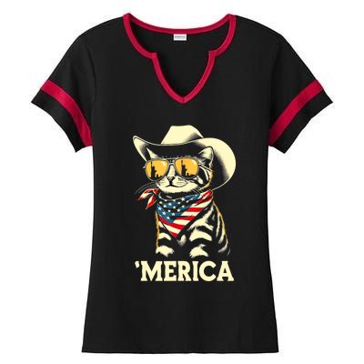 Usa Merica Cat 4th Of July Funny Patriotic Ladies Halftime Notch Neck Tee