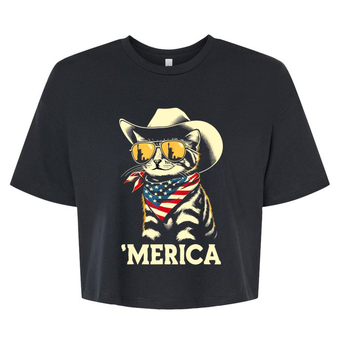 Usa Merica Cat 4th Of July Funny Patriotic Bella+Canvas Jersey Crop Tee