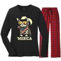 Usa Merica Cat 4th Of July Funny Patriotic Women's Long Sleeve Flannel Pajama Set 