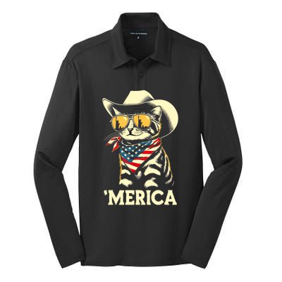 Usa Merica Cat 4th Of July Funny Patriotic Silk Touch Performance Long Sleeve Polo