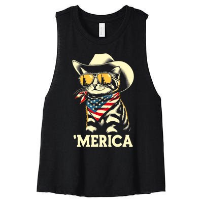 Usa Merica Cat 4th Of July Funny Patriotic Women's Racerback Cropped Tank