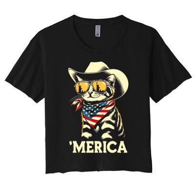 Usa Merica Cat 4th Of July Funny Patriotic Women's Crop Top Tee