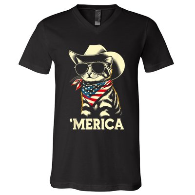 Usa Merica Cat 4th Of July Funny Patriotic V-Neck T-Shirt