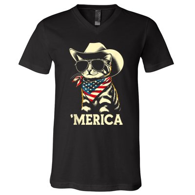 Usa Merica Cat 4th Of July Funny Patriotic V-Neck T-Shirt